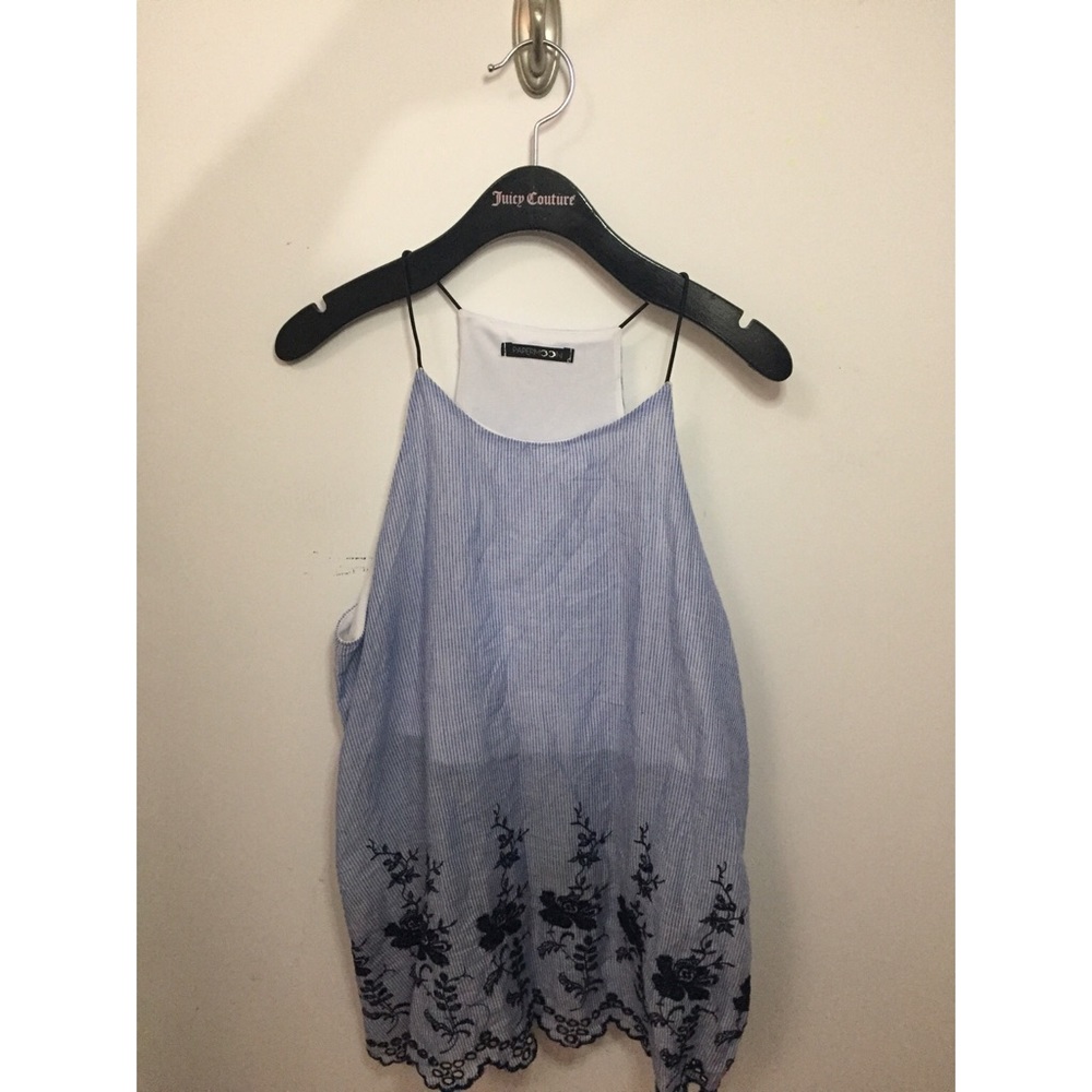 Light Blue Floral-Embroidered Pinstripe Tank Top